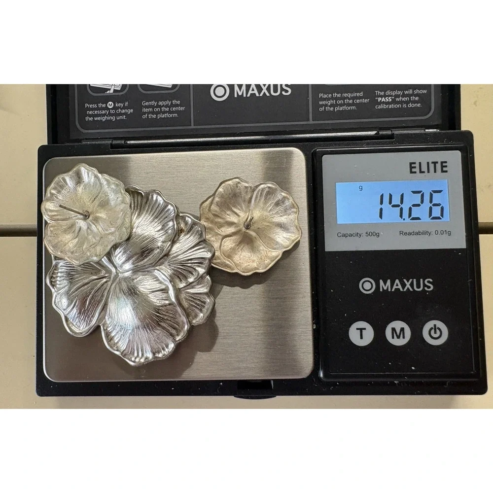 Set Earrings Brooch Pin Vintage Sterling Silver Repousse Pansy Flowers 14.26g